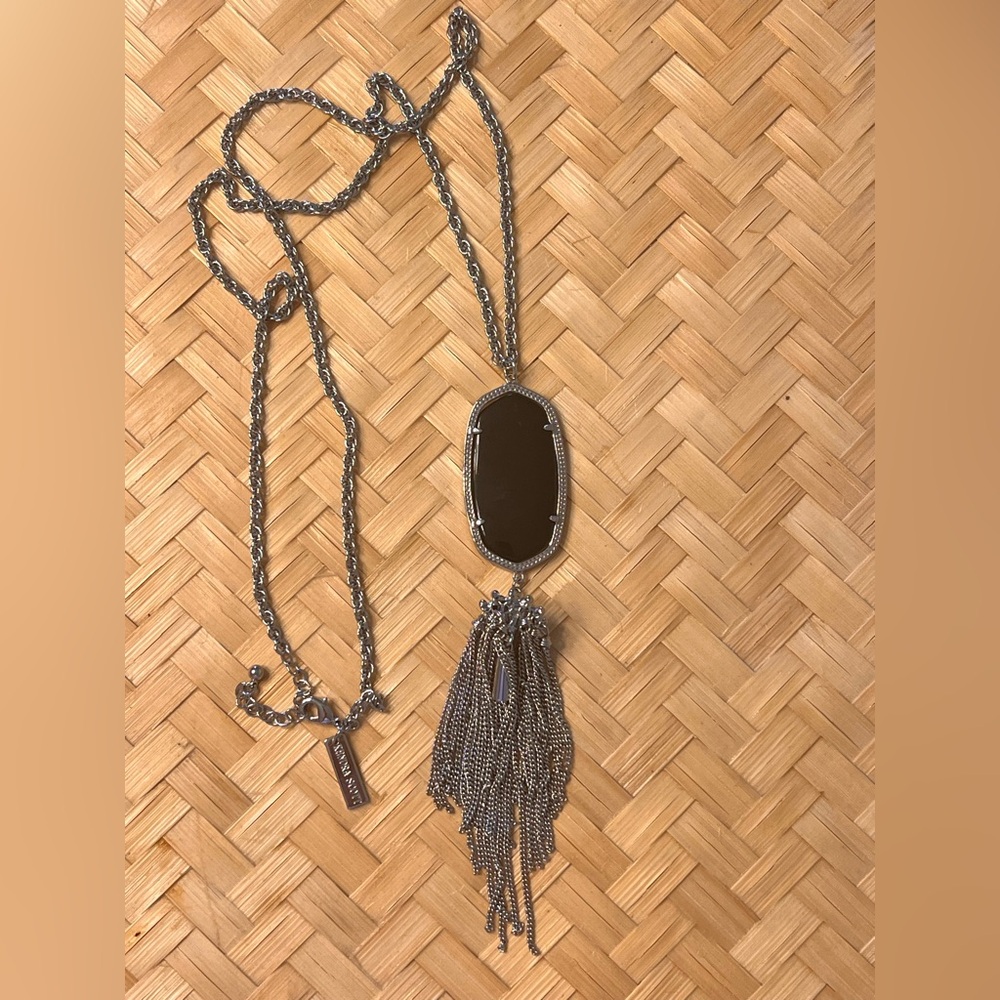Kendra Scott Black Stone Pendant Necklace with Silver Tassel chandelier pendant